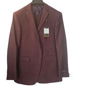 P&L Mens 2 PC Suit Burgundy Houndstooth Sport Jacket 40S 34W &‎ Trousers 32W 38L